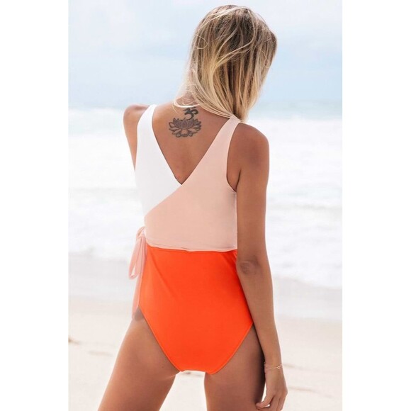 NWT Cupshe Orange &‎ White Bowknot One piece Swimsuit Womens Size L Beach Pool - Picture 2 of 11